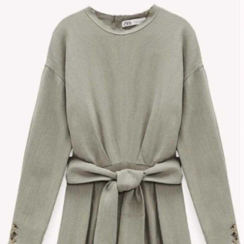ZARA Linen Blend Midi Dress with Tie Belt Size Large Khaki